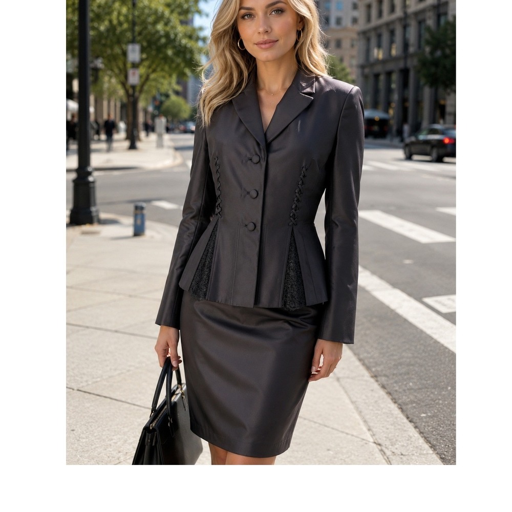 Badgley Mischka Womens Black Lace Up Side Blazer Pencil Skirt Suit Set Size 6